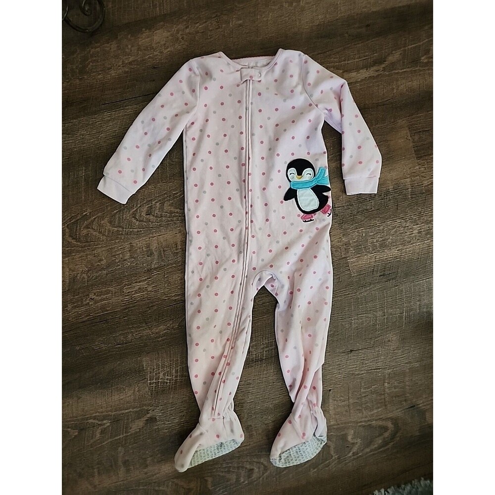 Carters 4T Girls One Piece Footed Pjs - Pink Polka Dots & Penguin
